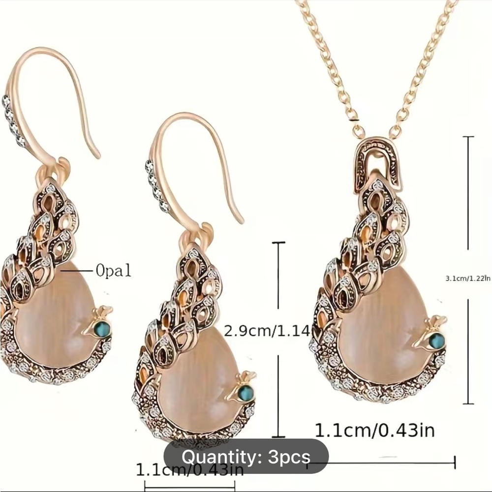 Peacock Designed Pink Opal Necklace and Earrings.NWOT